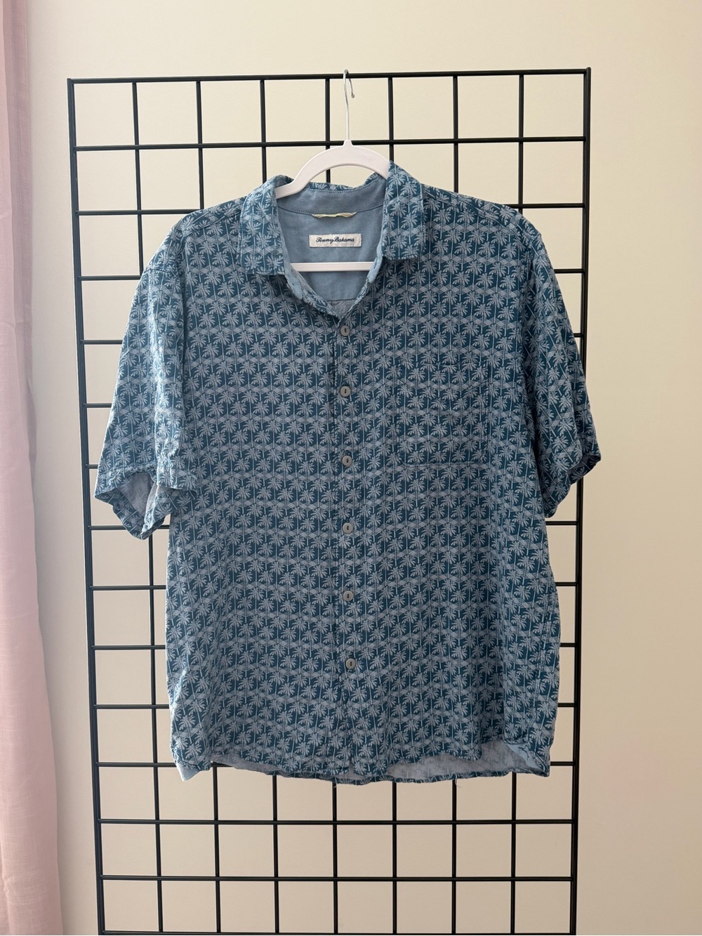 Tommy Bahama Teal Blue Palm-Pattern Short Sleeve Button-Down Shirt